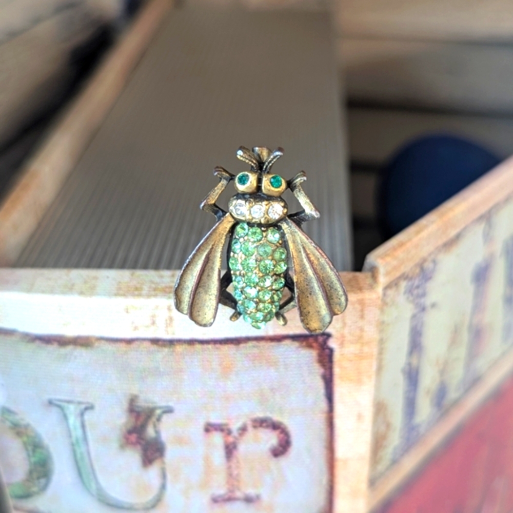 Vintage Czech Green Rhinestone Gold Tone "Fly" Estate Brooch